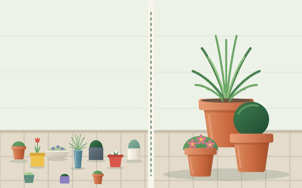 Many small mismatched pots scattered in a line beside three larger matching pots grouped closely together