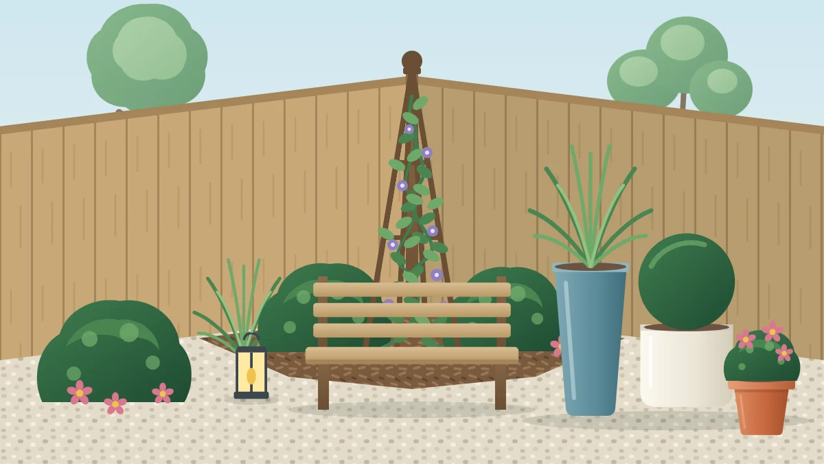 A fenced garden corner with a small corner bench, a tall obelisk with a climber behind it and three pots of different heights grouped on gravel