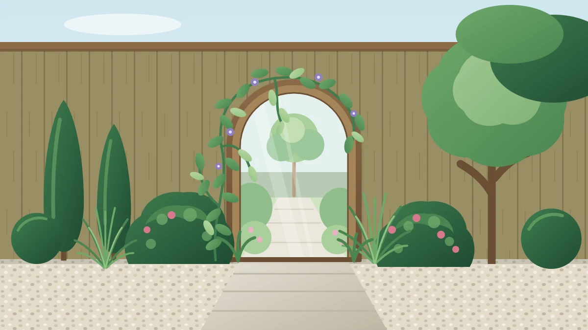 An arched garden mirror in a wooden frame on a shaded fence, partly veiled by foliage and reflecting green planting like a doorway