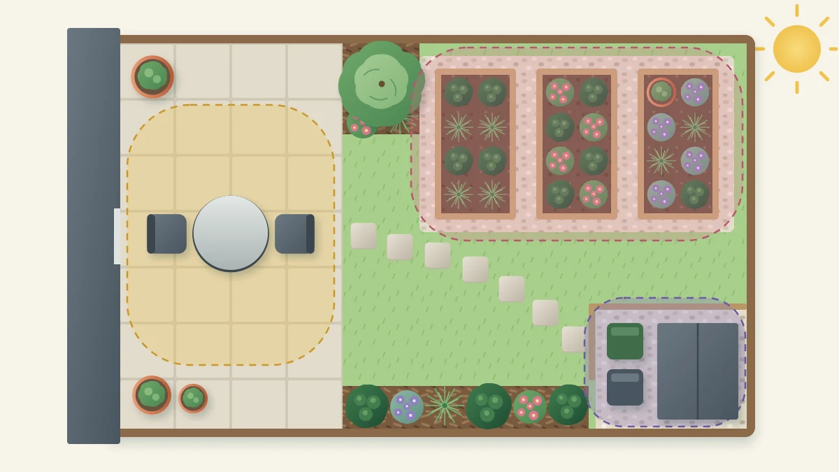 Top-down plan of a small garden in three soft-edged colored zones: paved seating near the house, a sunny growing area and corner storage
