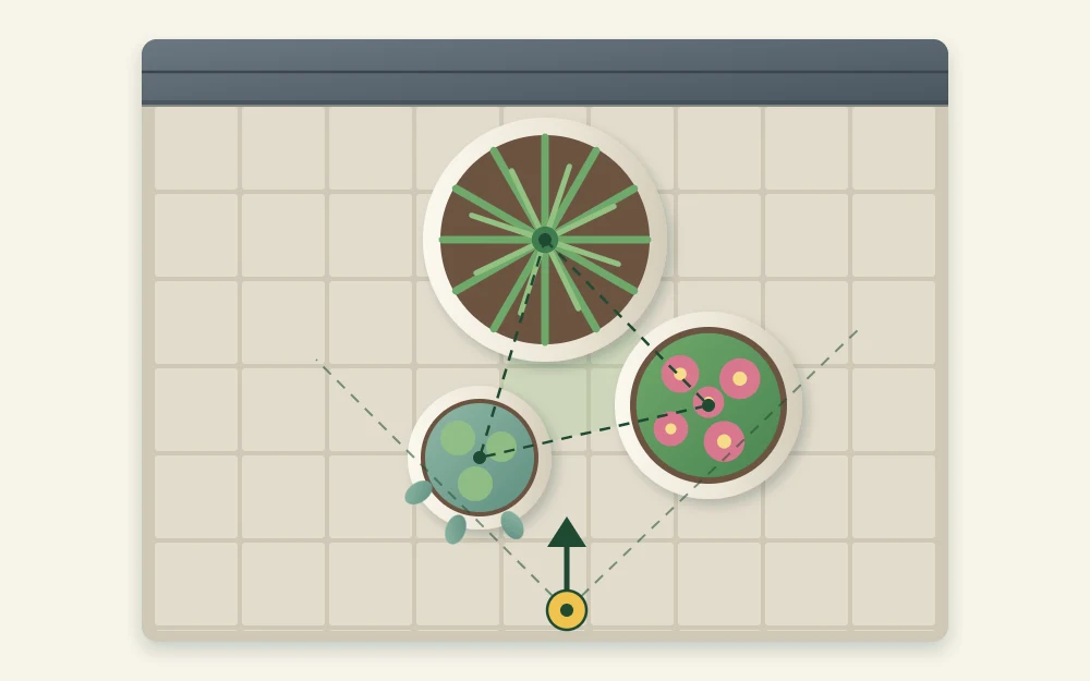 Top-down diagram of three circles of different sizes in an uneven triangle, the largest at the back, with an arrow showing the viewing direction