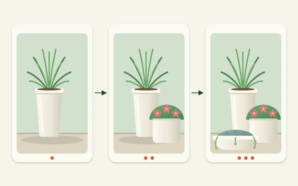 Three stages joined by arrows: a tall pot alone, a medium pot added in front to one side, and a low wide pot completing the triangle
