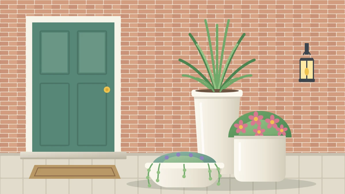 Three pale glazed pots in three sizes beside a doorway holding an upright grass, a mounded flowering plant and a trailing plant