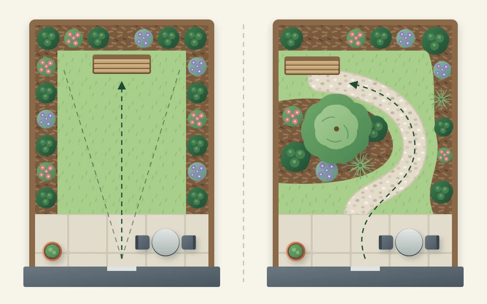 Two top-down plans of one small garden: one fully visible with a straight lawn edge, one with a bed hiding the far corner and a curving path