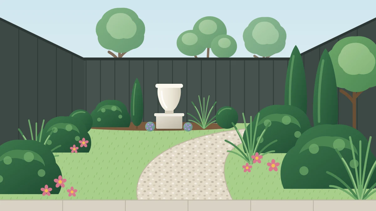 A small garden seen from the house door with a curving path, dark fences softened by layered planting and a pale urn at the far end