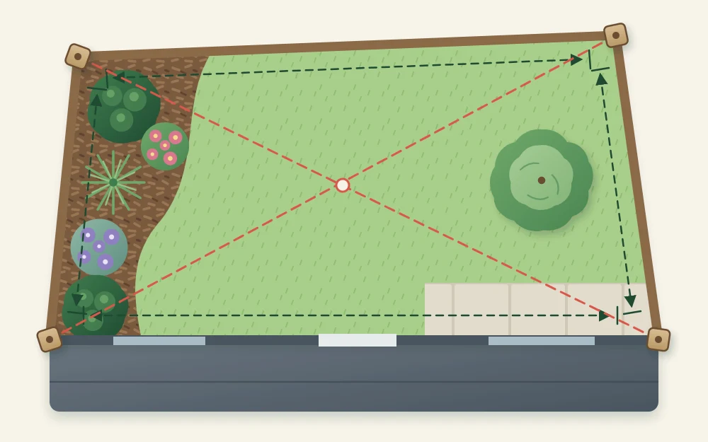 Top-down outline of an irregular four-sided garden with dashed lines along each side, two crossing diagonals and pegs at the corners
