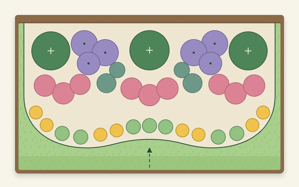 Top-down planting plan of a small bed with overlapping circles in repeated groups, larger circles at the back and small ones along the front edge
