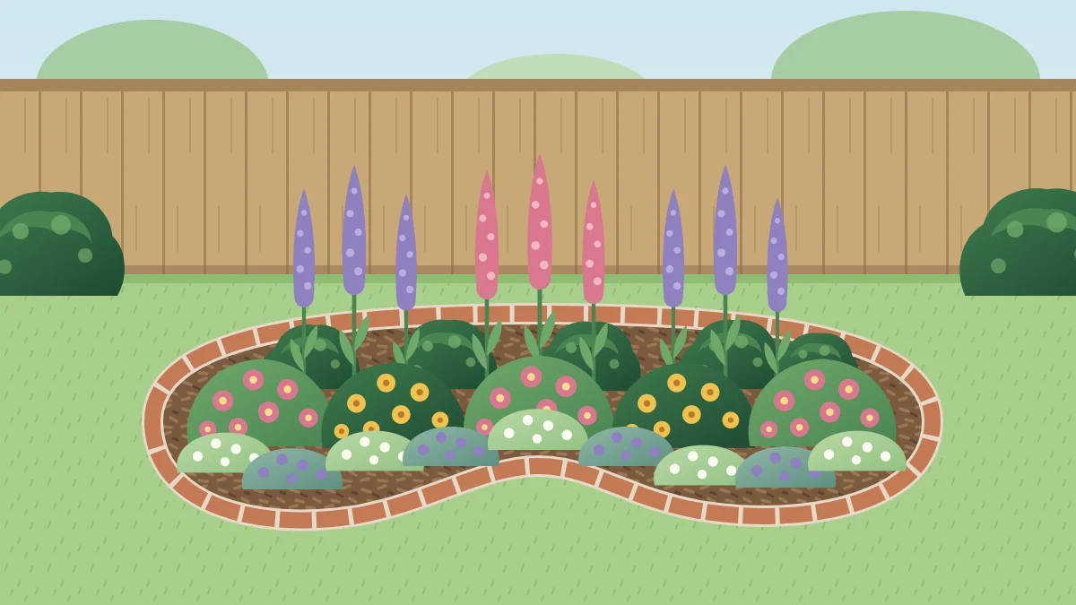 A small kidney-shaped flower bed cut into a lawn with a brick edge, tall spires at the back, mounded flowers in the middle and low plants at the front