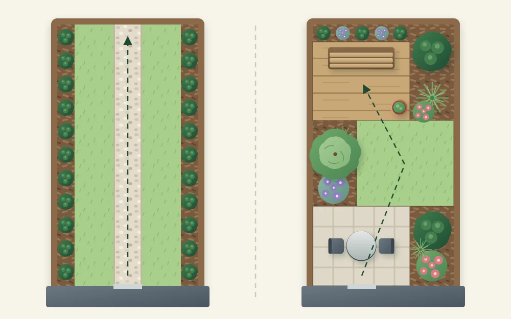 Two long narrow garden plans side by side, one with a straight central path and thin beds, the other with staggered rectangles of paving, lawn and planting