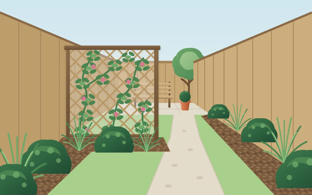 View down a narrow garden from the house with a trellis screen and climbers reaching halfway across, partly hiding a seating area beyond