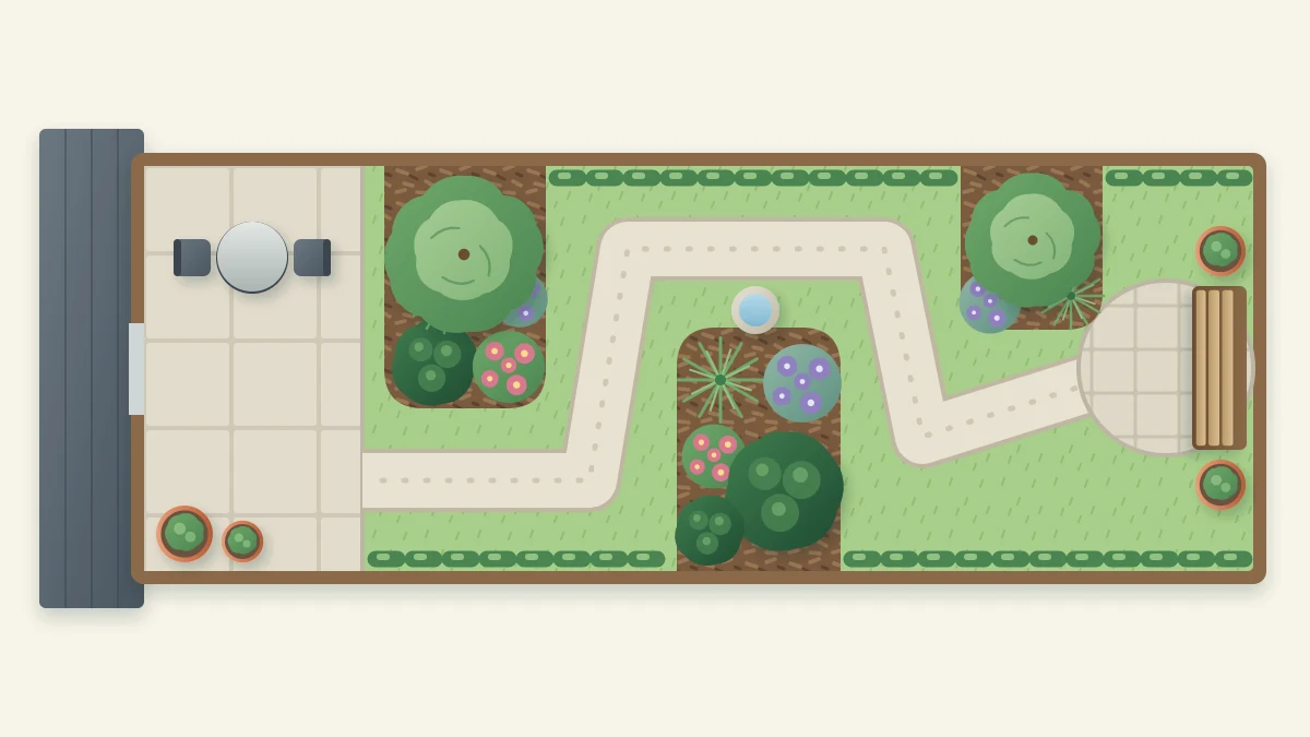 Top-down plan of a long narrow garden split into three sections by beds reaching in from alternate sides, with a zigzag path and a bench at the far end