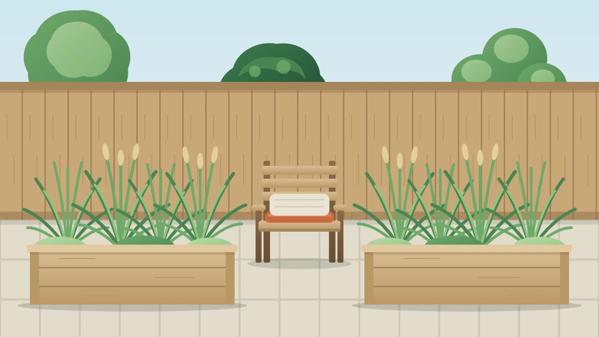 A small patio edged by two long low wooden planter boxes of ornamental grasses with a gap between them as an entrance