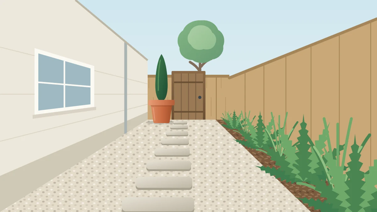 A narrow side yard between a house wall and a fence with stepping stones in gravel leading to a gate, ferns and grasses along the fence and a large pot