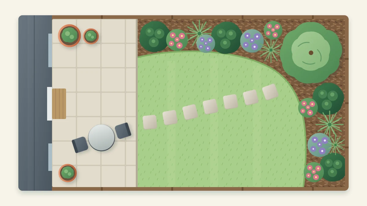 Top-down plan of a small rectangular garden with a paved seating area, a curved lawn, planted borders, a corner tree and a stepping-stone path