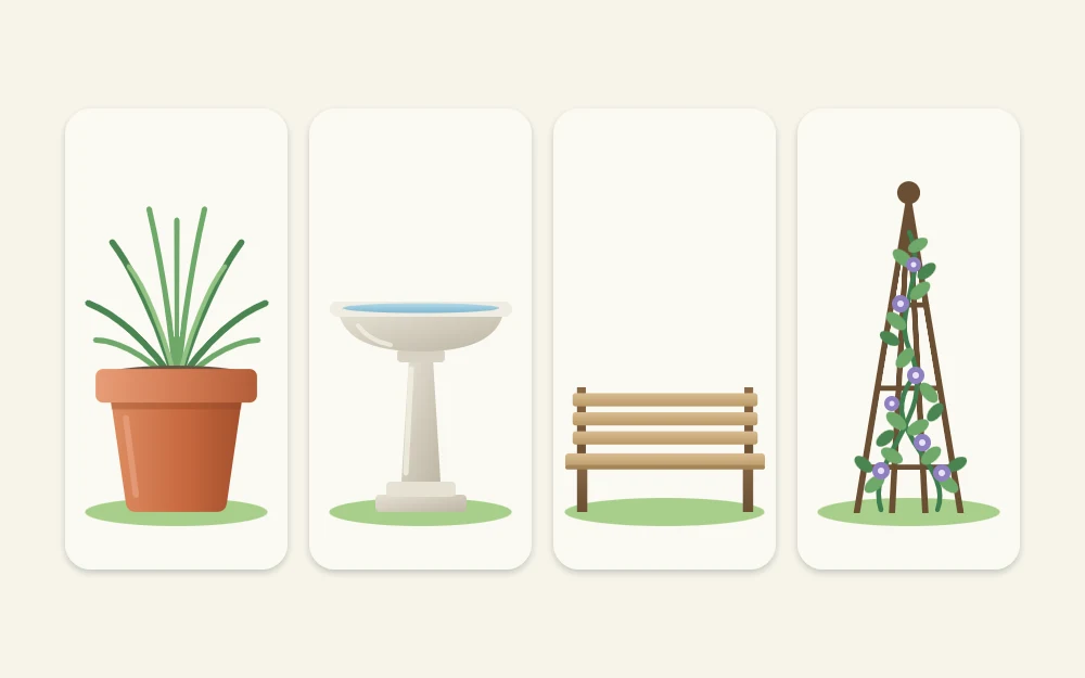 Four tiles showing focal point options: a large pot, a stone birdbath, a simple bench and an obelisk with a climber