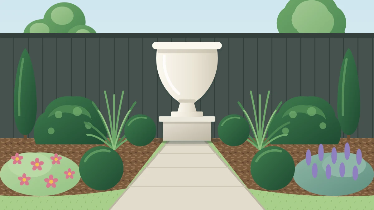 A large pale urn on a low plinth at the end of a short path, framed by green planting and backed by a dark fence