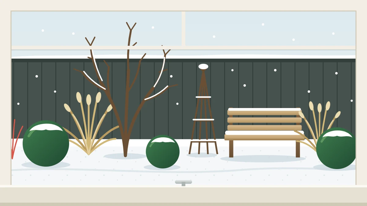 Small garden under light snow seen from a window, with clipped evergreen balls, a bare multi-stem tree, tan grasses, an obelisk and a bench