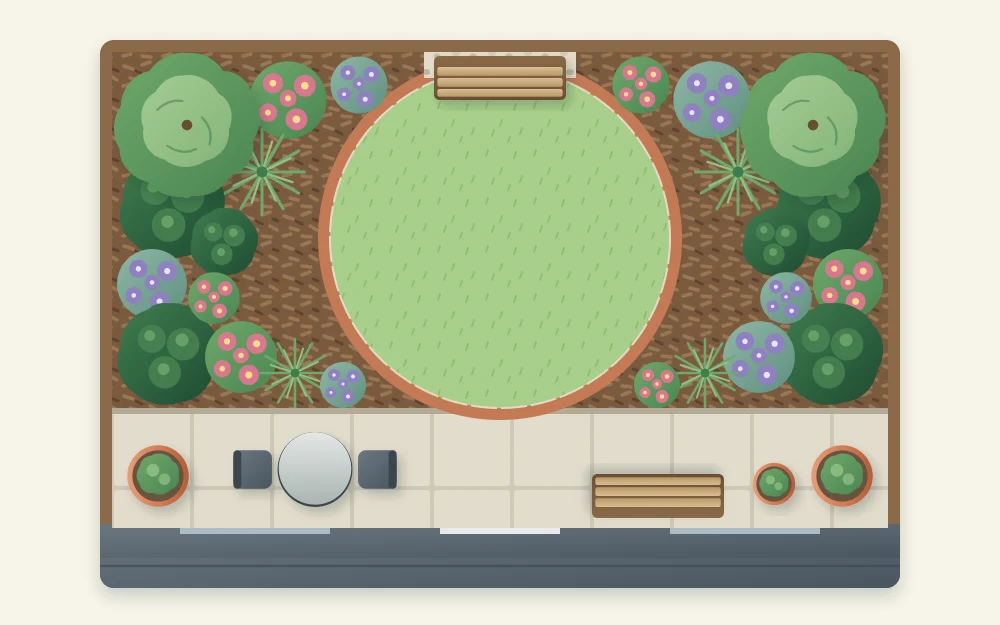 Top-down plan of a small rectangular garden with a round central lawn, deep planting in four corners and a paved terrace by the house