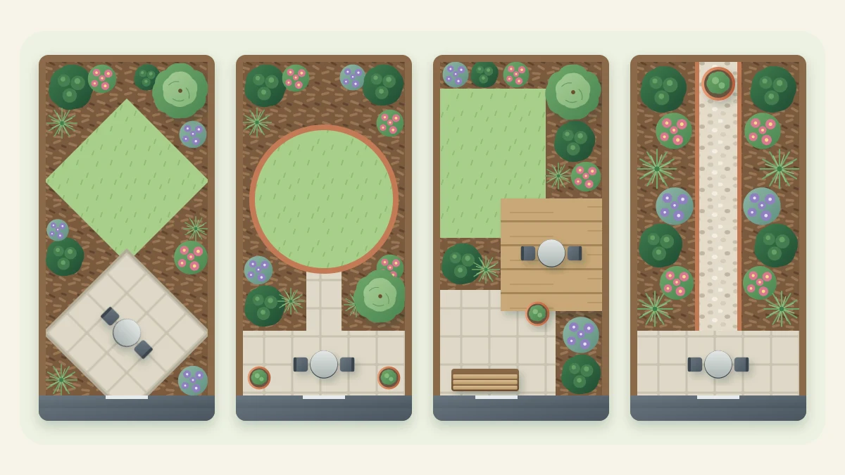 Four small top-down garden plans side by side: a diagonal layout, a central circle, overlapping rectangles and a central path with beds