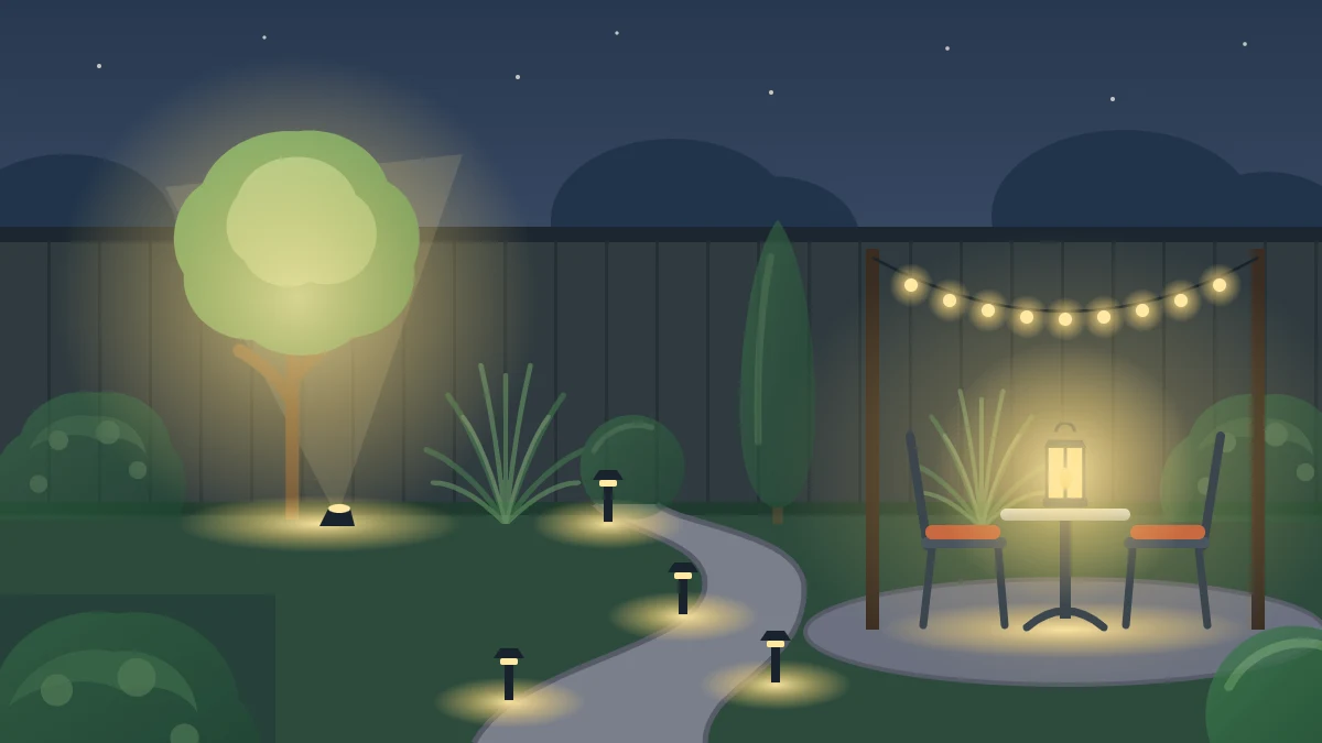 A small garden at dusk with a softly uplit tree, low lights along a curving path, a table lantern and warm string lights