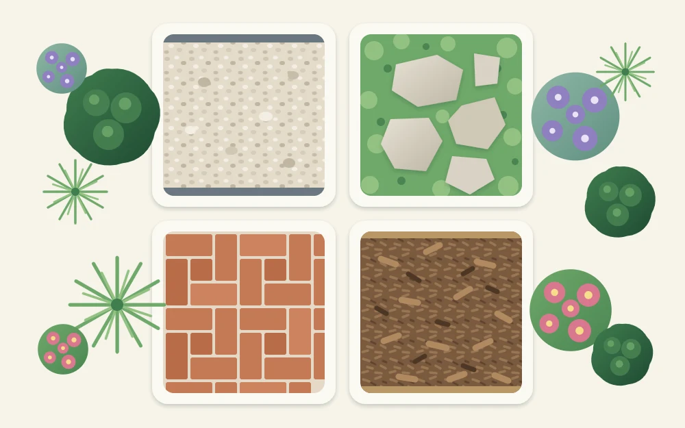 Four square tiles showing path surfaces seen from above: pale gravel, irregular stepping stones in groundcover, patterned brick and bark chips