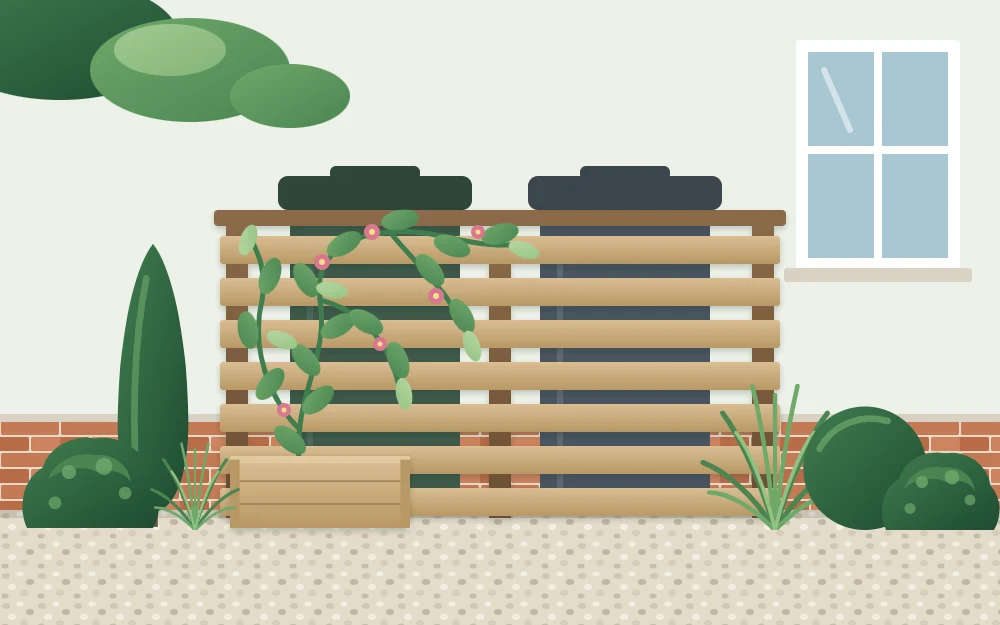 Front view of a bin store screened by a slatted panel with a climber, two bins just visible behind it