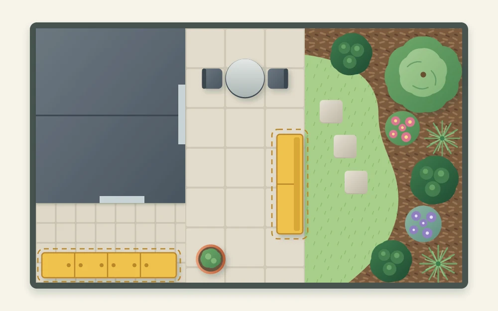 Top-down plan of a small garden with storage areas shaded in one color along the side passage and at the patio edge