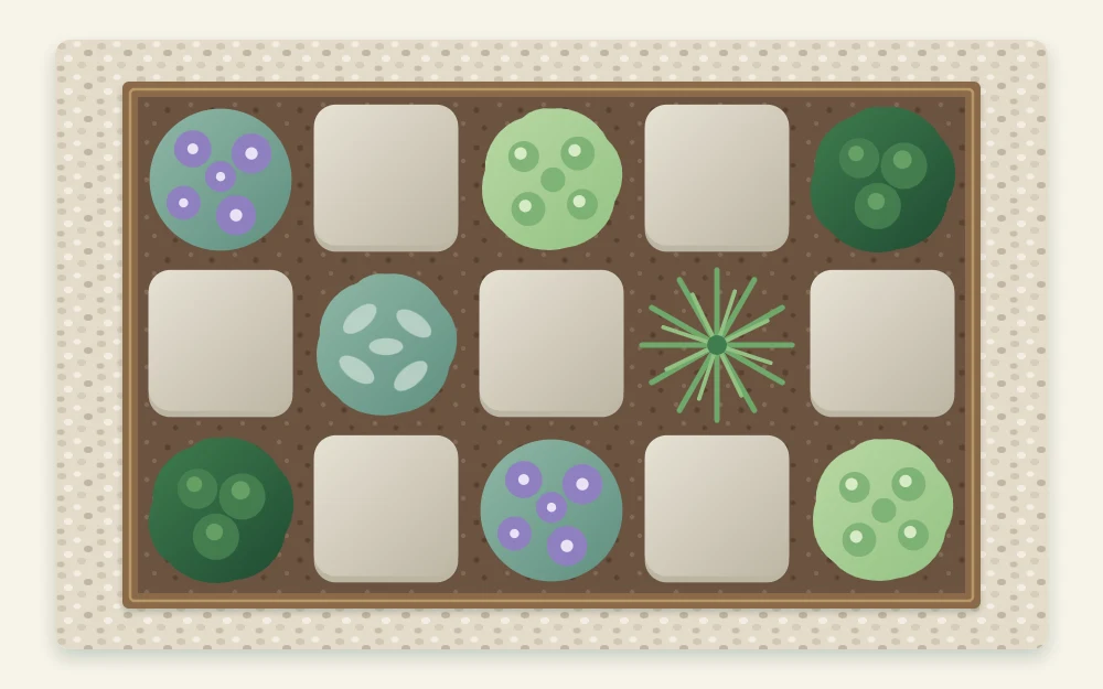 Top-down plan of a checkerboard herb bed with square paving stones alternating with squares of low herbs in greens and purples