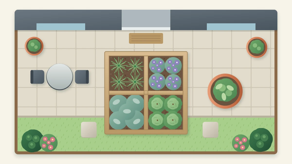 Small herb area beside a kitchen door with a square raised bed divided into four sections and a separate pot of mint on the paving