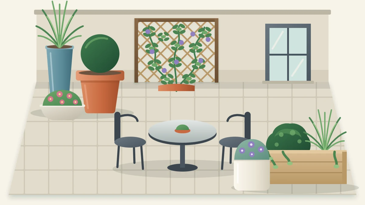 A tiny paved patio seen from above at an angle with a round bistro table and two chairs in the center, planters in two corners and a climber on a trellis