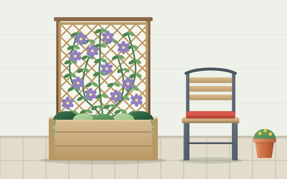 A wooden planter box with a lattice trellis panel at its back edge, covered in a flowering climber beside a patio chair