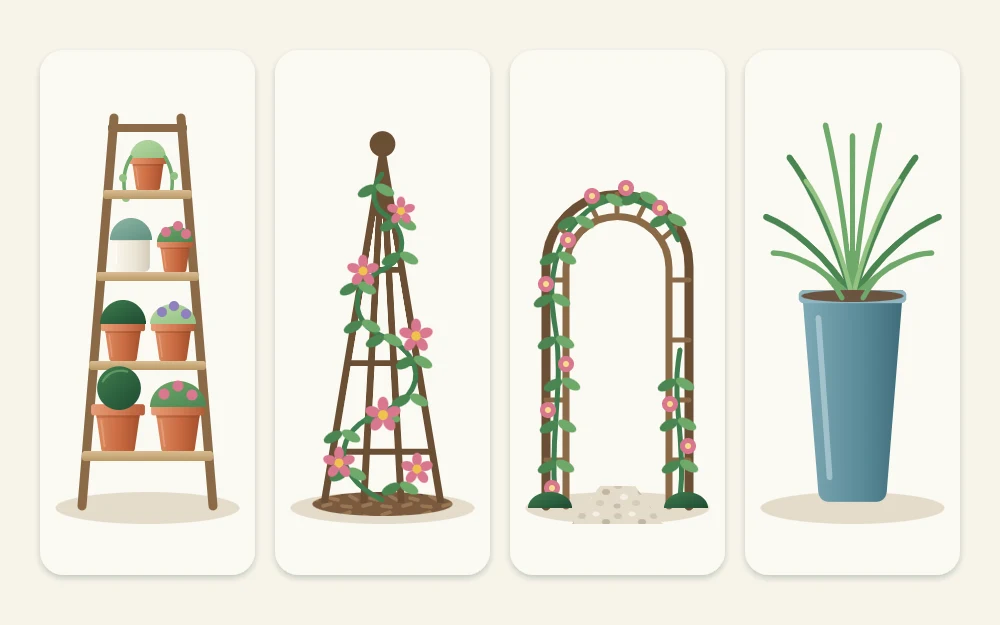 Four tiles showing a ladder shelf with pots, an obelisk with a climber, an arch over a path and a tall slim planter