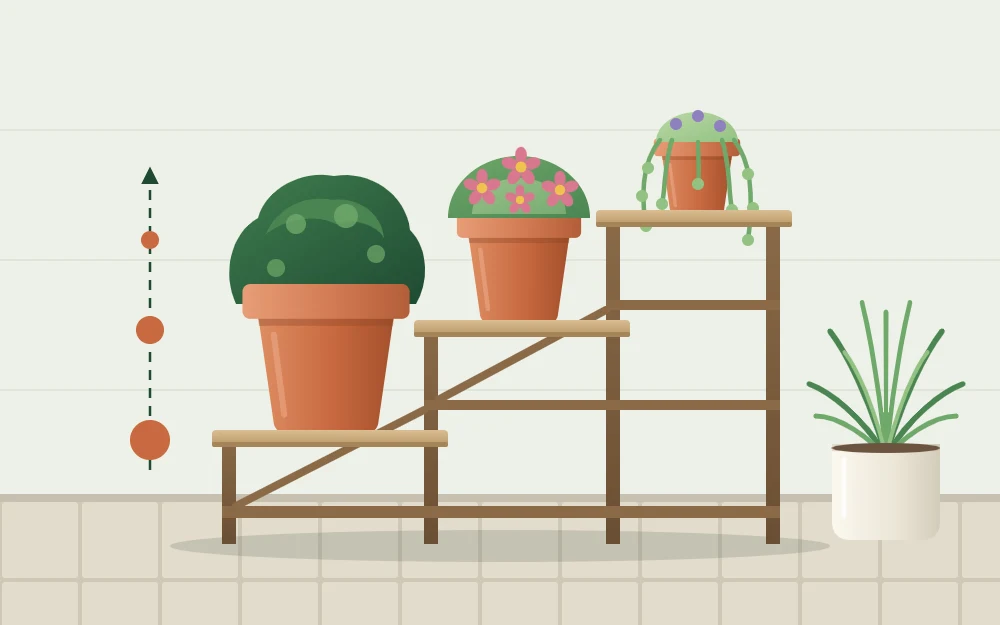 Side view of a tiered plant stand on paving with the largest pots on the bottom step and small trailing plants on top