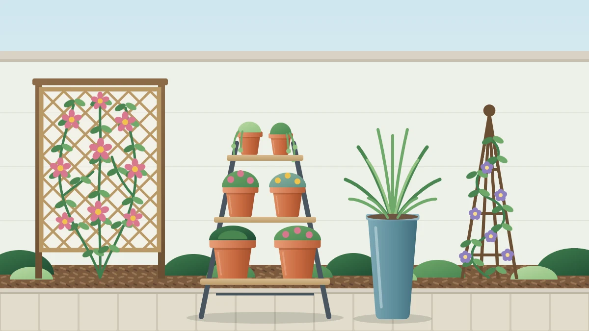 A small garden boundary with a freestanding trellis and flowering climber, a three-tier plant stand, a tall narrow planter and an obelisk