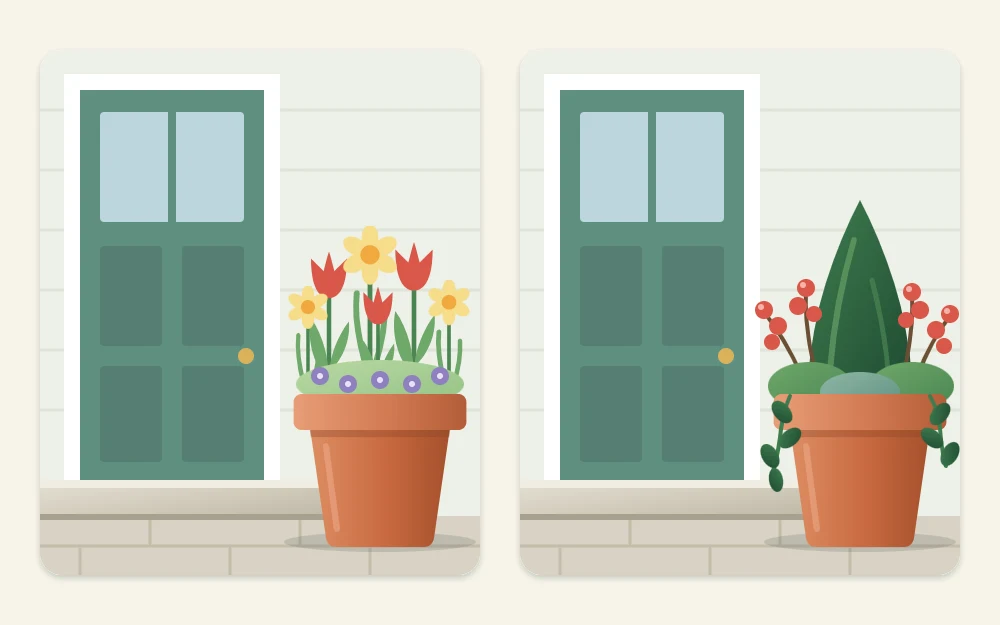 One pot by a doorstep shown in two versions: planted with spring bulbs on the left, and with evergreen foliage and berries on the right